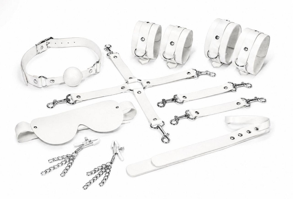 Набір Feral Feelings BDSM Kit 7 White, наручники, поножі, конектор, маска, падл, кляп, затискачі Sex Aura Київ - фото 1
