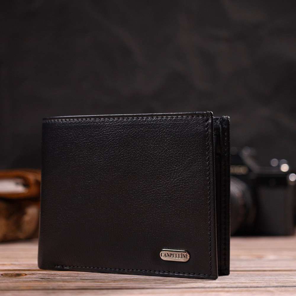 Класичне горизонтальне чоловіче портмоне з натуральної шкіри флотар Чорне (CANPELLINI) Київ - фото 2