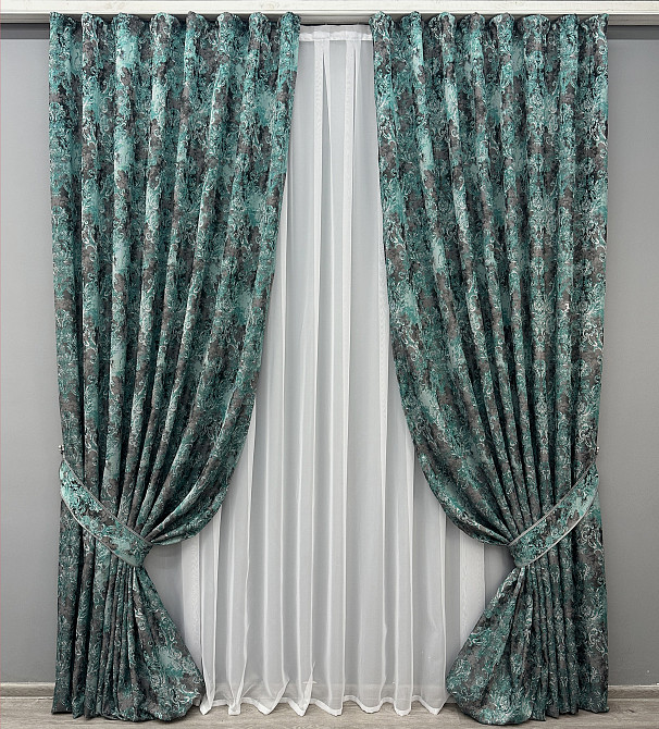 Комплект готових штор VR-Textil Льон Преміум № 1837ш Сірий з бірюзовим 200х295 см 2 шт (32-155) Київ - фото 2