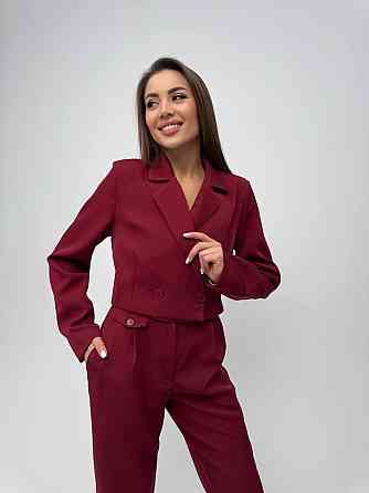Женский базовый брючный костюм: укороченный пиджак и брюки креп-костюмка + подкладка Марсал, 46/48 Одесса