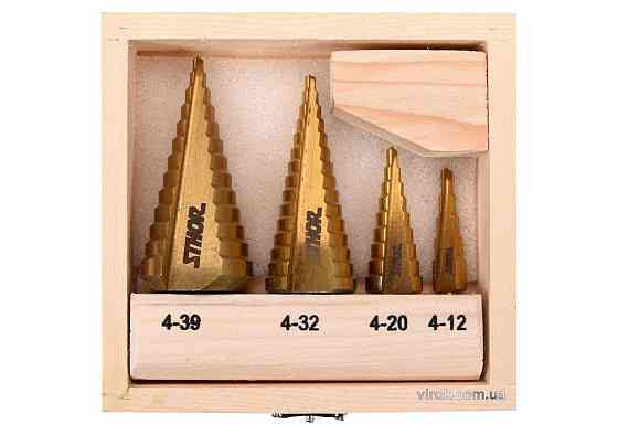 Свердла конічні ступінчасті титанові по металу STHOR: Ø=4-39мм, HSS 4241, 4шт. в дерев. футлярі [20] Одеса