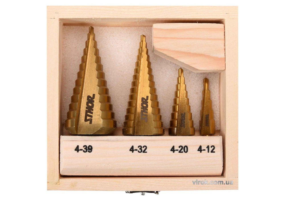 Свердла конічні ступінчасті титанові по металу STHOR: Ø=4-39мм, HSS 4241, 4шт. в дерев. футлярі [20] Одесса - изображение 1