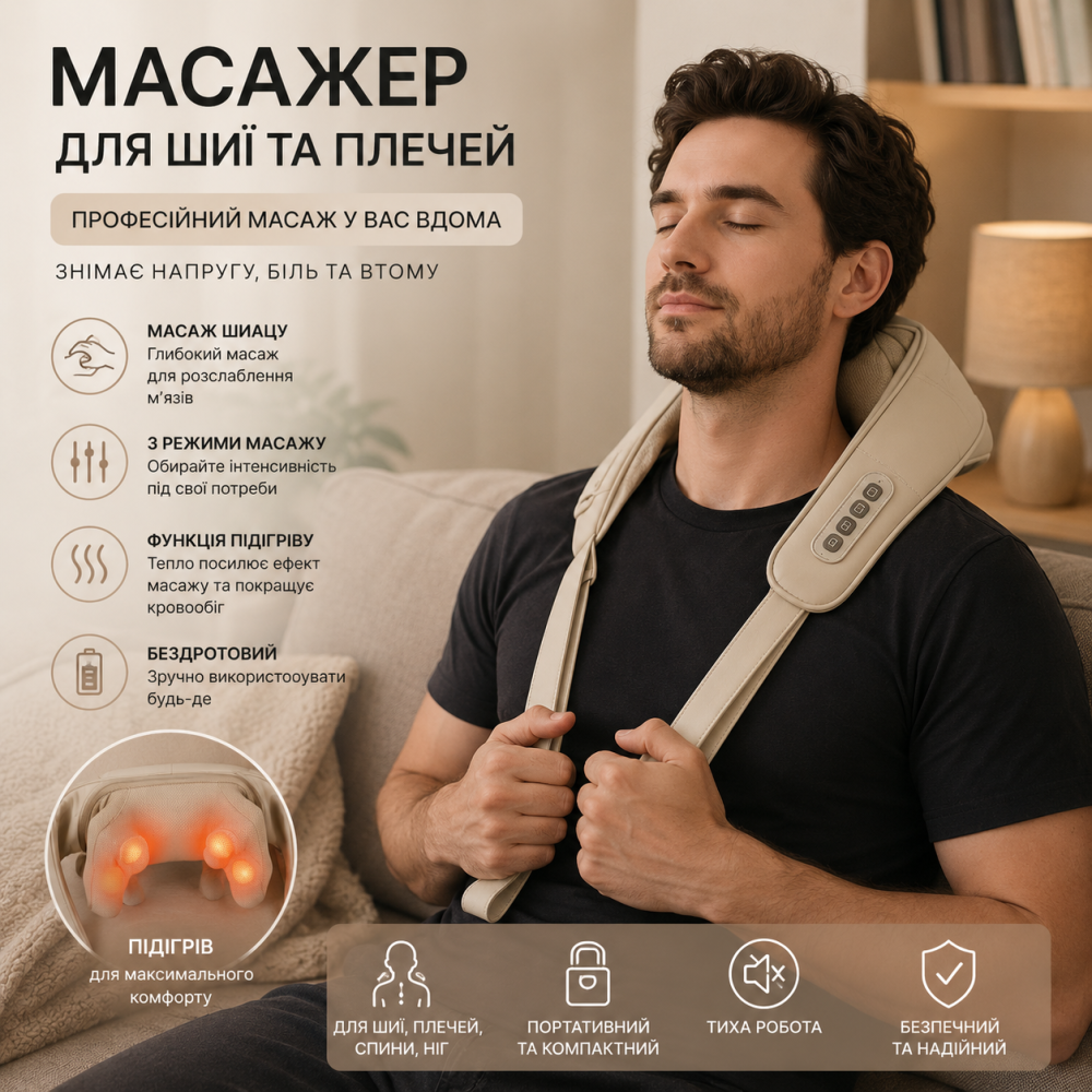 Массажер для шеи и плеч Generic беспроводной с подогревом, массажный воротник Шиацу, 3 режима массажа для шеи, спины, плеч, ног Киев - изображение 7