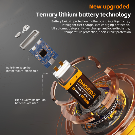 Аккумуляторная батарея Phomax 9В 4400 мВт/ч модель 6F22 USB-C (2 шт.) Черный Киев