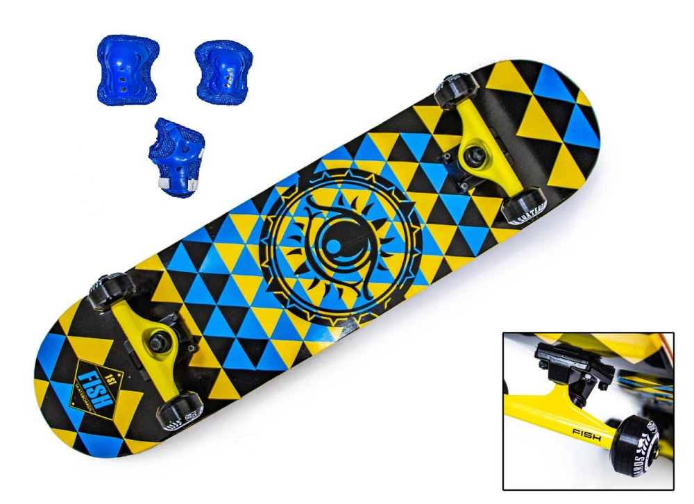 Скейтборд FISH Blue-Yellow EYE с защитой в комплекте. Нагрузка до 90 кг Одесса - изображение 1