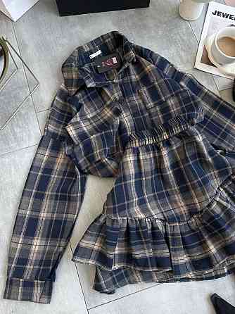 Женский костюм двойка: рубашка и юбка в клетку фланель Синий 2 Одесса