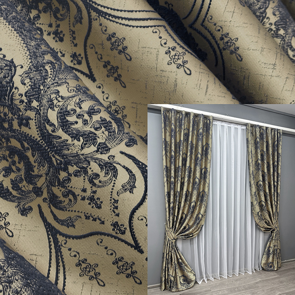 Комплект готовых штор VR-Textil Парча № 1776ш Бежевый с синим 155х290 см 2 шт (33-0737) Киев - изображение 1