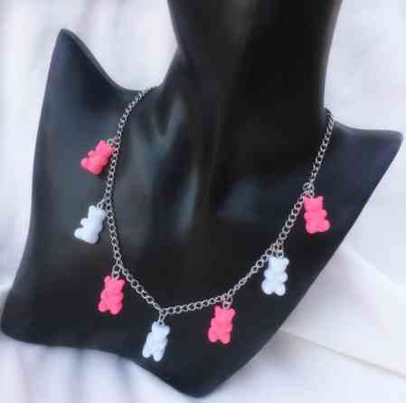 Украшения с мишками ожерелье, цвет розовый + белый - длина 48см, смола, цинковый сплав Киев