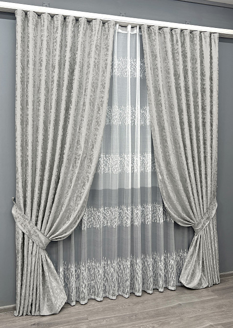 Комплект штор VR-Textil Льон Мармур 100х270 2шт і Тюль 300х270 1263ш-1675т Світло-сірий з білим 71-168/1 Київ - фото 2