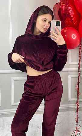 Женский спортивный велюровий костюм с капюшоном L Бордовый Харьков