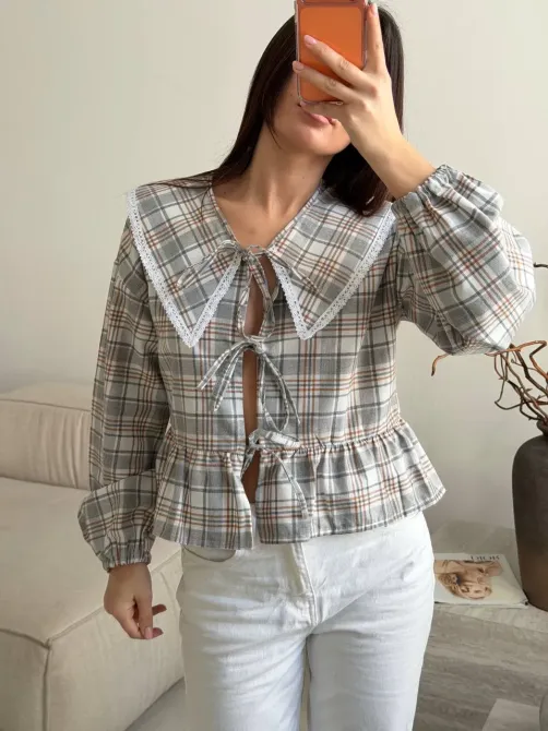 Стильна жіноча картата сорочка з мереживом Одеса - фото 4