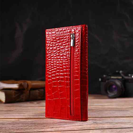 Привабливе жіноче портмоне з натуральної шкіри з тисненням під змію Червоний (CANPELLINI) Київ