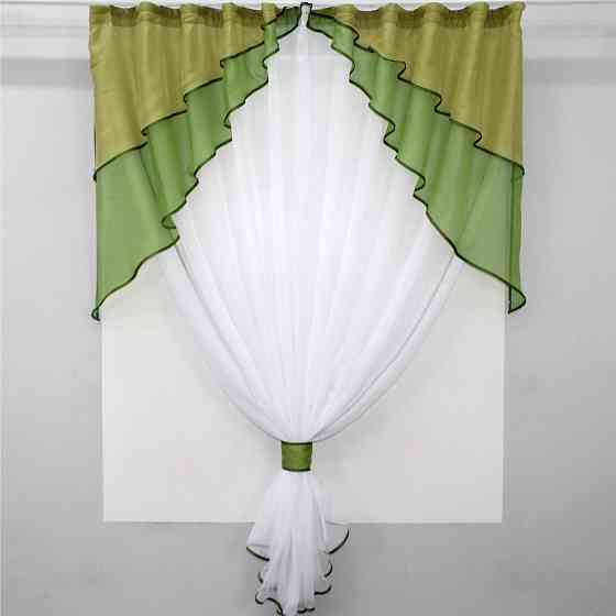 Кухонная занавеска VR-Textil № 114к ламбрекен и тюль оливковый с золотистым и белым 270х170 см (52-0611) Киев