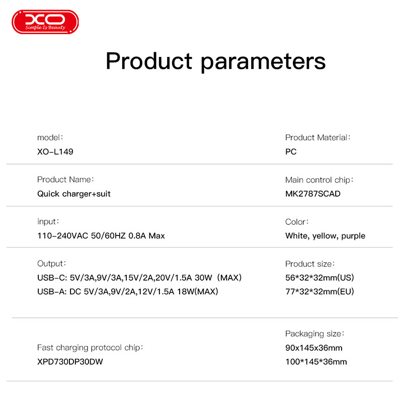 Мережевий зарядний пристрій XO L149 PD30W 1USB-A+1USB-C + Lightning кабель білий Львів - фото 6