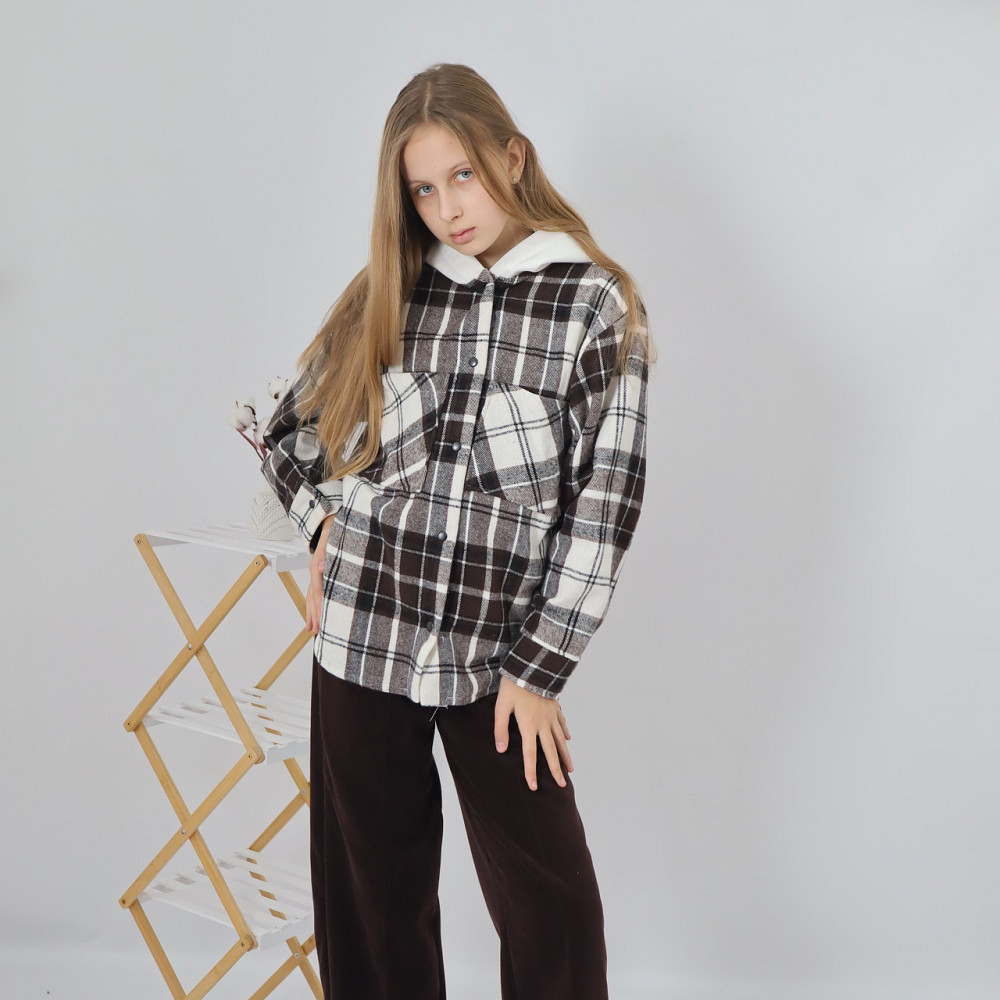 Дитяча тепла байкова сорочка в коричневу карту з капюшоном, для хлопчика, для дівчинки 134 Кам'янець-Подільський - фото 2