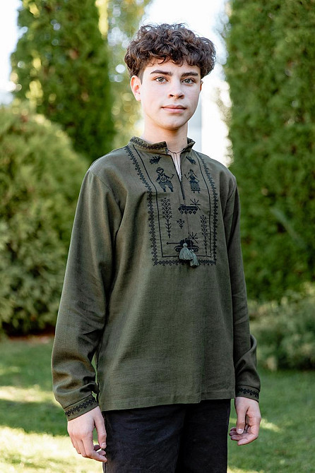 Вышиванка для мальчиков хаки с длинным рукавом льняная, подростковые вышиванки  военная Киев - изображение 5