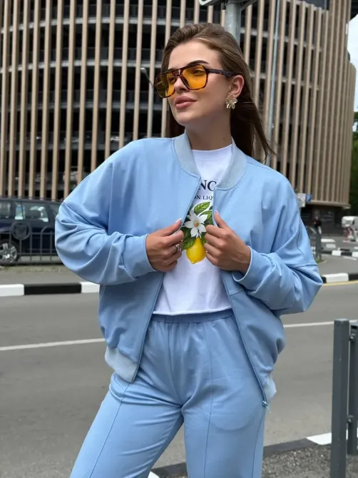 Жіночий костюм оверсайз з широкими штанами з двонитки Блакитний 42/44 Харків - фото 2