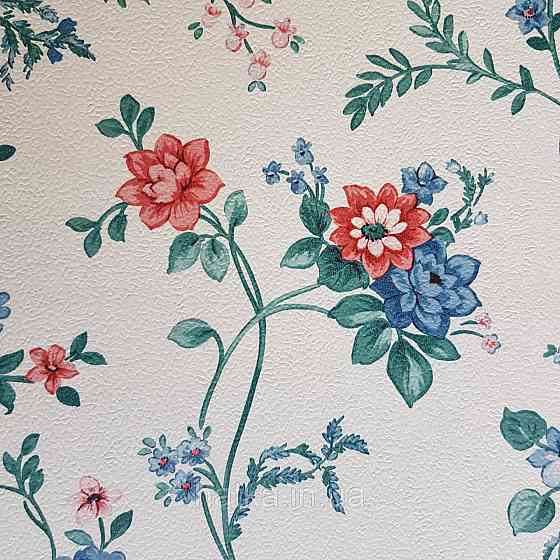 Шпалери вінілові на флізеліні 0.53х10 Rasch Textil Petite Fleur 5.квіти троянди червоні сині зелені на білому Київ