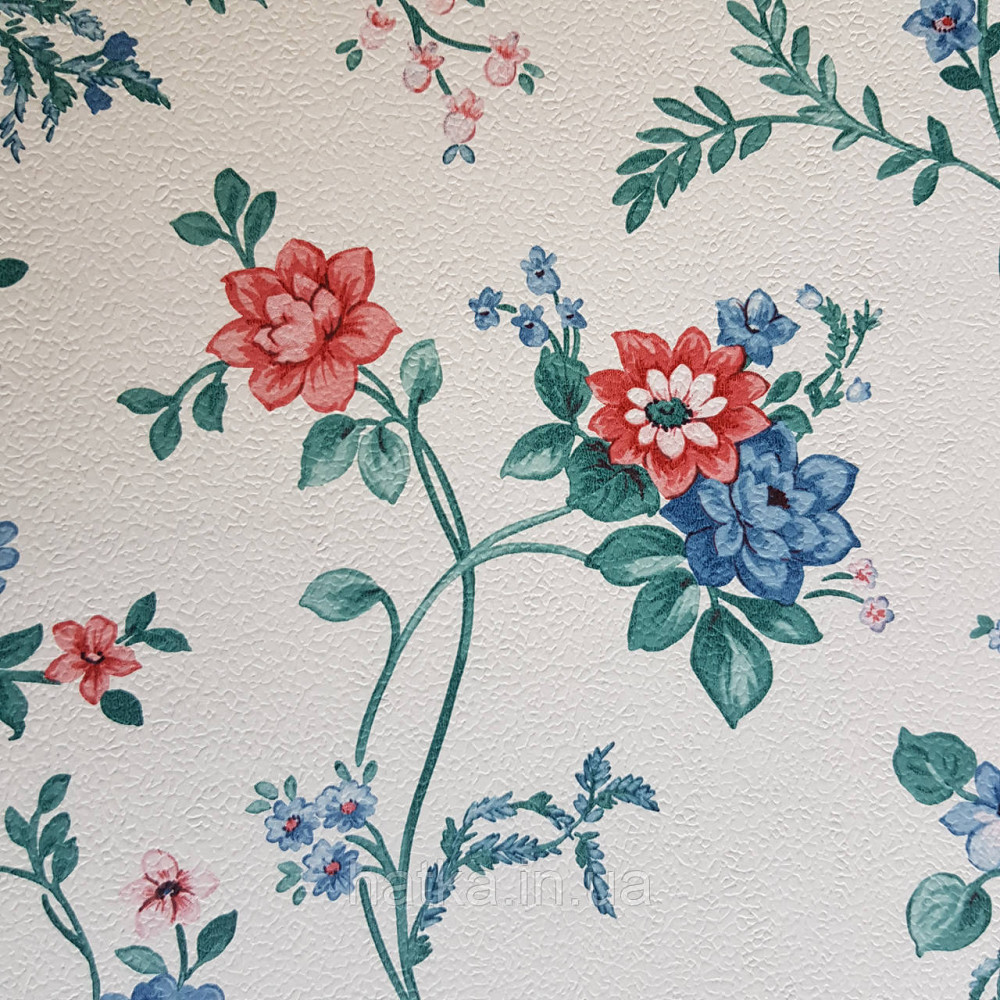 Обои виниловые на флизелине 0.53х10 Rasch Textil Petite Fleur 5.цветы розы красные синие зеленые на белом Киев - изображение 2