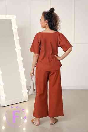 Жіночий костюм вільного крою з натурального льону "Delux" оптом | Розпродаж моделі Теракотовий, 42-44 Київ
