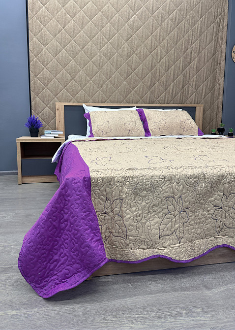 Покривало стьобане з наволочками Expo Trade листя 220x220 (+-10 см) бежевий з лавандовим (85-148) Київ - фото 5