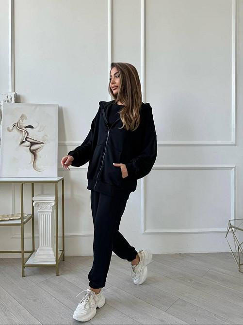 Женский прогулочный костюм тройка: кофта майка и штаны турецкая петля пенье + турецкая рибана Черный, 48/50 Одесса - изображение 9