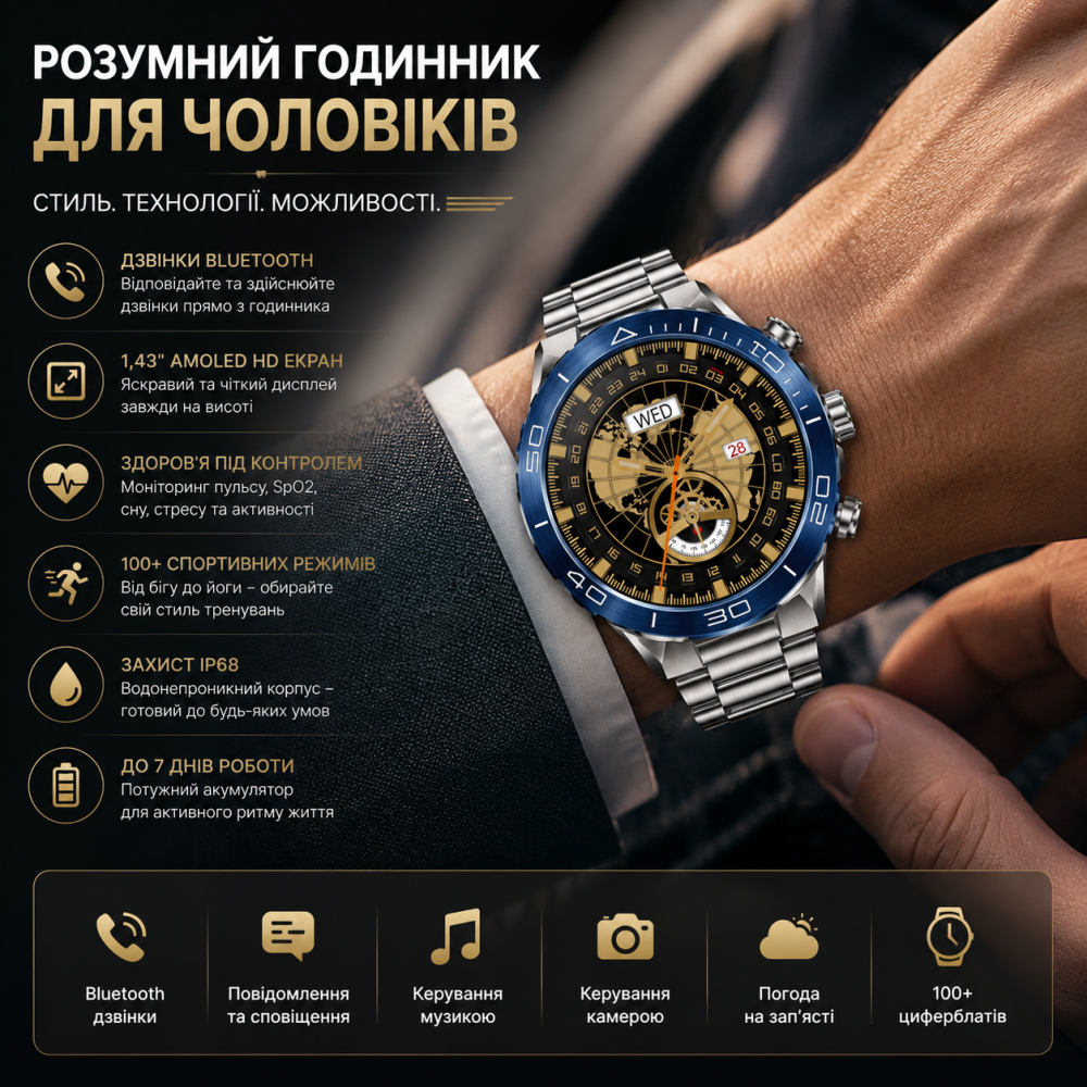 Чоловічий тактичний смарт-годинник Kesasoxe з AMOLED екраном водонепроникний армійський розумний годинник із дзвінками Київ - фото 2