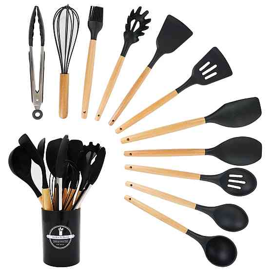 Набор кухонных принадлежностей 12 предметов, Kitchen Set, из силикона + подставка, Черный / Кухонный комплект Киев