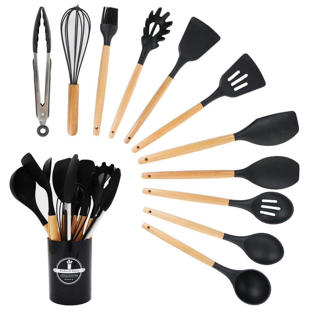 Набор кухонных принадлежностей 12 предметов, Kitchen Set, из силикона + подставка, Черный / Кухонный комплект Киев - изображение 1