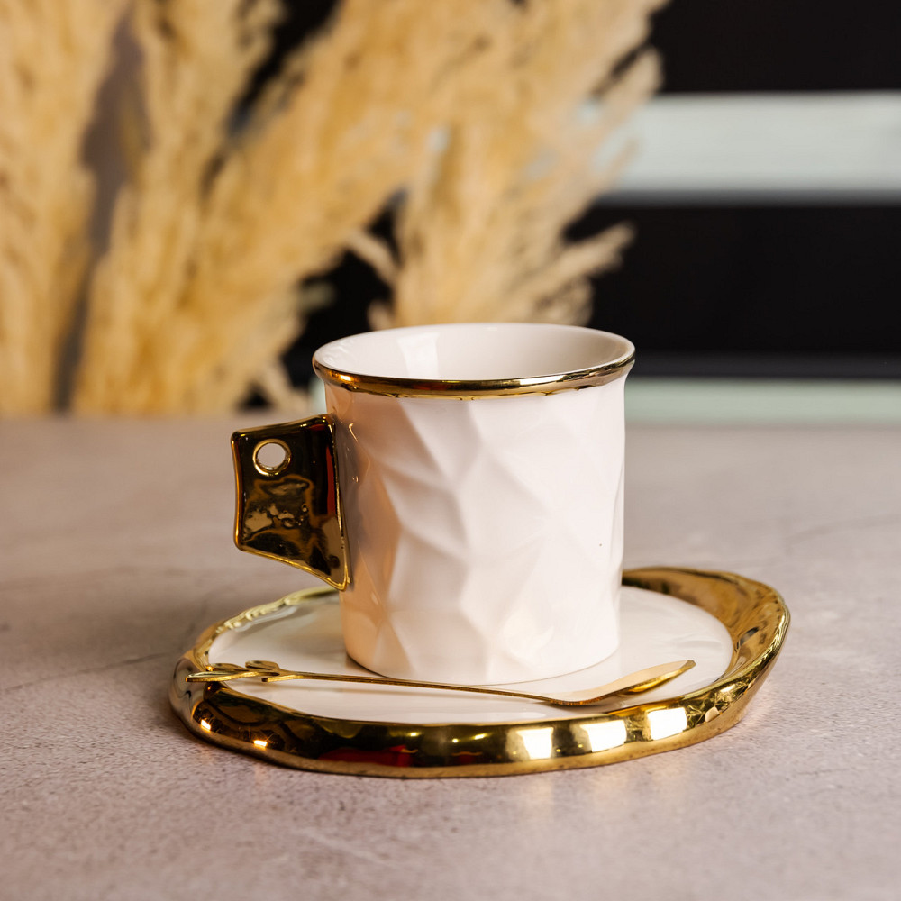 Чашка порцелянова для кави 200 (мл) з блюдцем і ложкою, гарна чашка в подарунок Білий із золотом FM-1B Коломия - фото 2