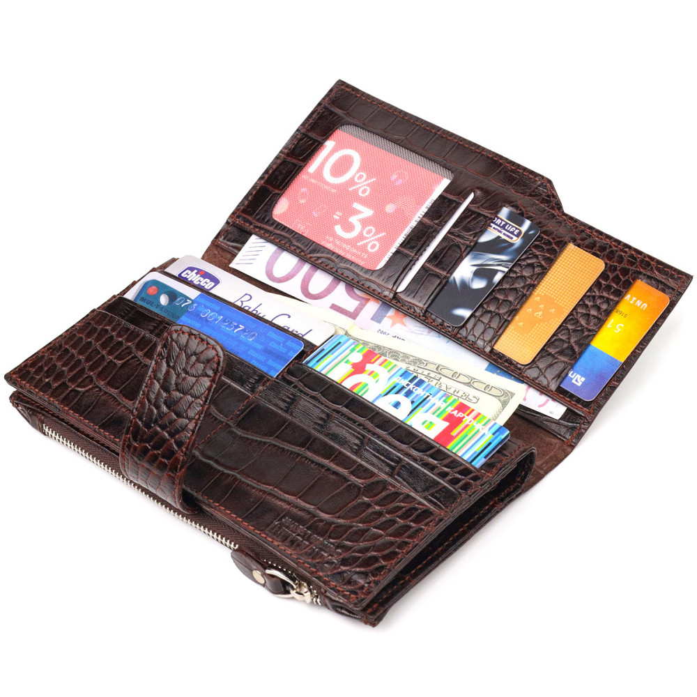 Місткий гаманець з натуральної шкіри з тисненням під крокодила CANPELLINI 21637 Коричневий Київ - фото 6