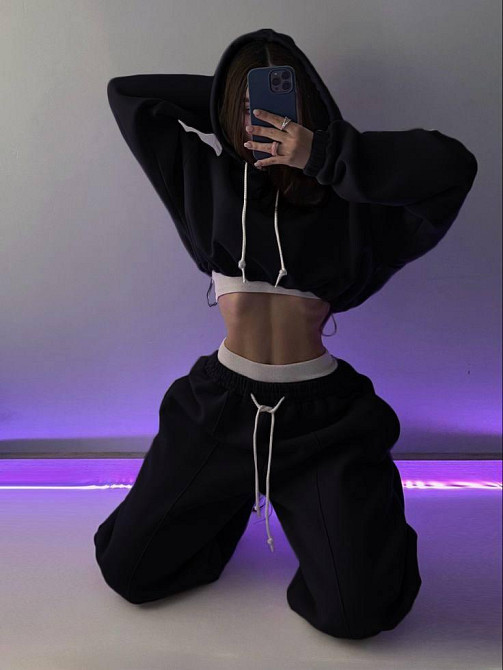 Жіночий утеплений стильний костюм-двійка: худі та джогери тринитка на флісі Чорний, 44/46 Одеса - фото 2