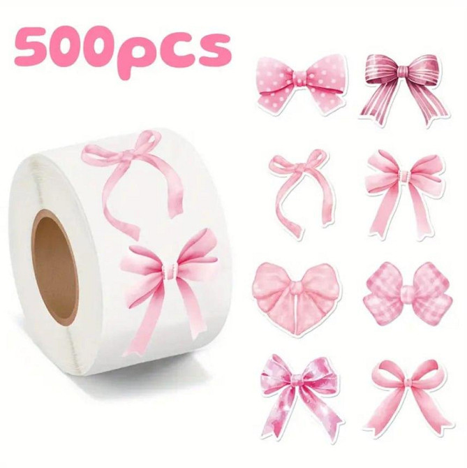 Рулон стикеров бантики – 500 штук розовых наклеек, 8 дизайнов Киев - изображение 1