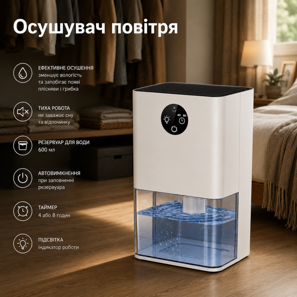 Компактный электрический осушитель воздуха для дома, спальни, ванной и гардеробной, тихий, автоотключение Киев - изображение 1