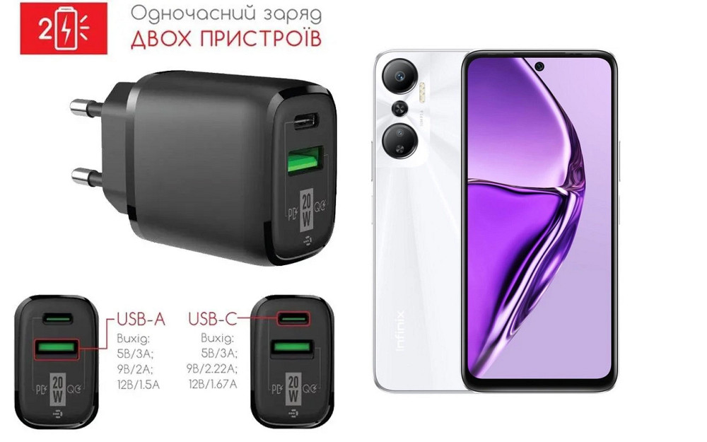 Мережевий зарядний пристрій для Infinix Hot 20, 20W 3A, Quick Charge 3.0 Київ - фото 1