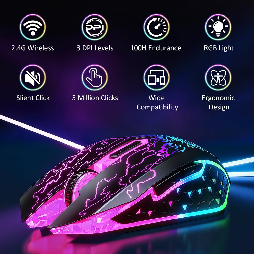 Беспроводная игровая мышь VersionTECH 2.4G, 6 кнопок, 800–1600 DPI, RGB-подсветка, аккумуляторная, черная Киев - изображение 3