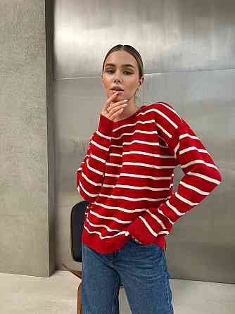 Жіночий базовий смугастий светр оверсайз вовна 70% акрил 30% Червоний Одеса