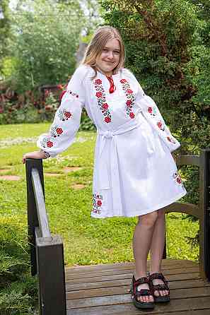 Плаття-вишиванка для дівчаток, біле з вишивкою лляне, довгий рукав топ Київ