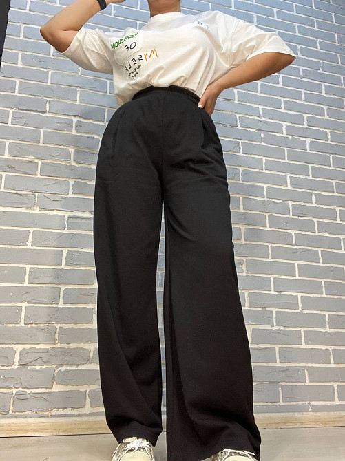 Брюки жіночі A-N 2333 широкі палаццо рівні від стегна талія на резинці щільний трикотаж чорні, чорний, M Київ - фото 5