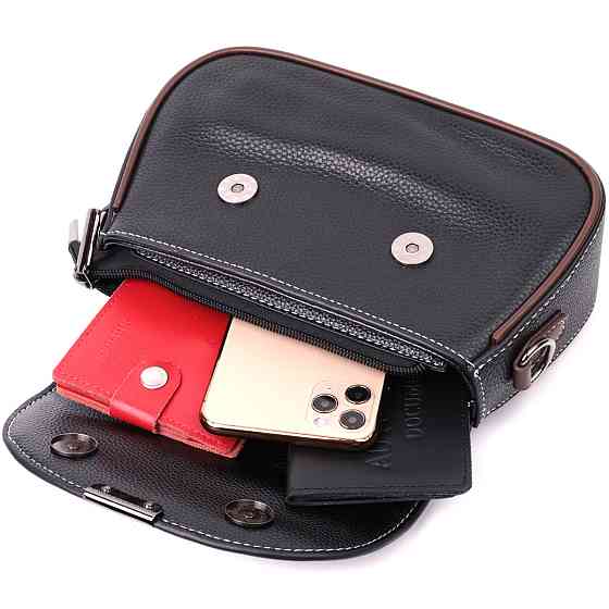 Стильная сумка для женщин с фактурным клапаном из натуральной кожи Черная (Vintage) Киев