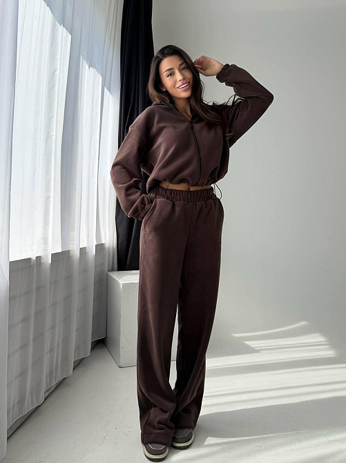 Жіночий повсякденний теплий плюшевий костюм турецький двосторонній фліс Шоколад Одеса - фото 1