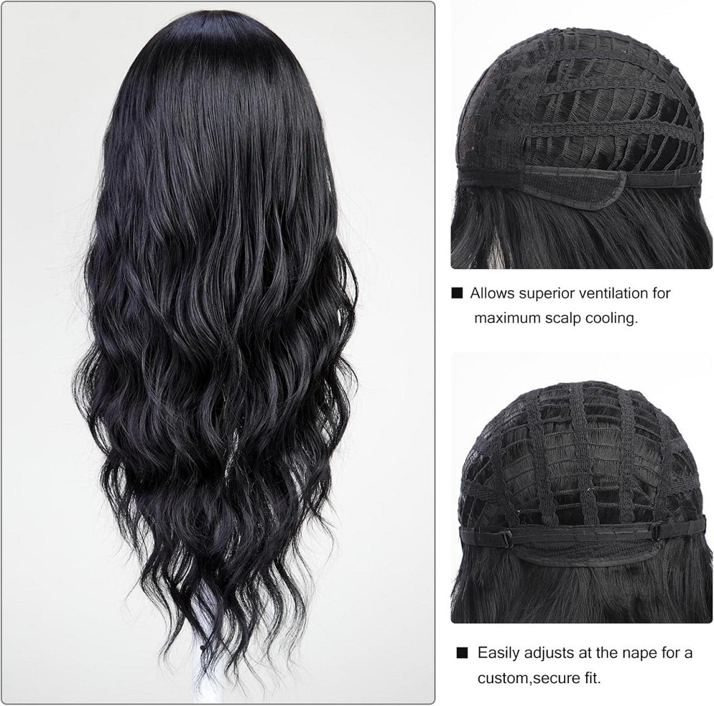 Довга чорна хвиляста жіноча перука з чубчиком UEVIES, 60 см, термостійка, синтетичне волосся 24" брюнетка Київ - фото 4