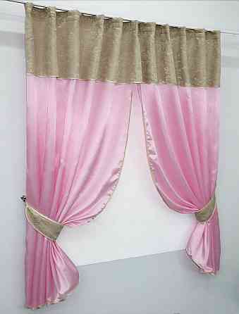 Кухонные шторы VR-Textil № 073к с ламбрекеном и подхватами розовый с бежевым 270х170 см (52-0291) Киев