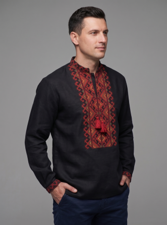 Черная мужская вышиванка из домотканого полотна Киев