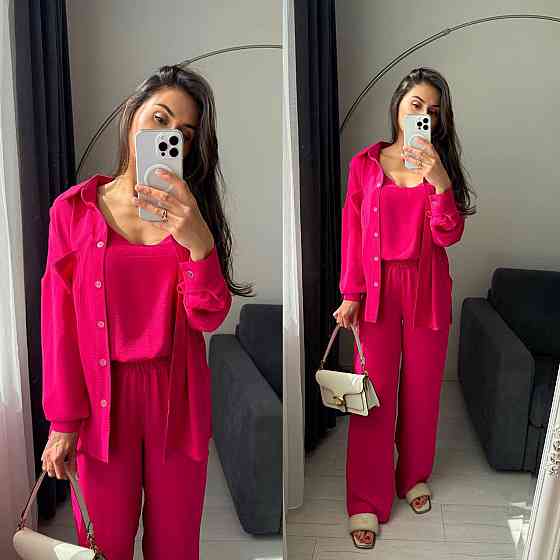 Женский базовый костюм тройка: рубашка майка и штаны креп жатка Малиновый, 50/52 Одесса