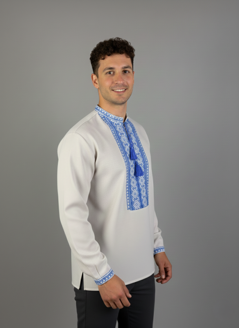 Чоловіча вишиванка з габардину з голубим орнаментом Київ - фото 2