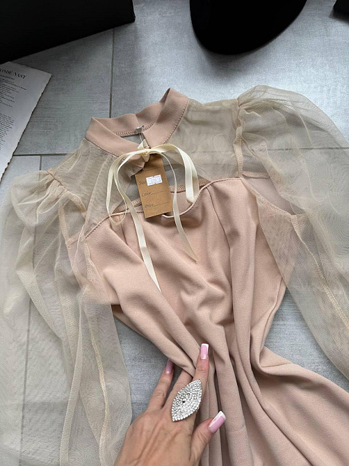 Женское нежное платье с рукавами из сеточки креп дайвинг Бежевый, 46/48 Одесса - изображение 4