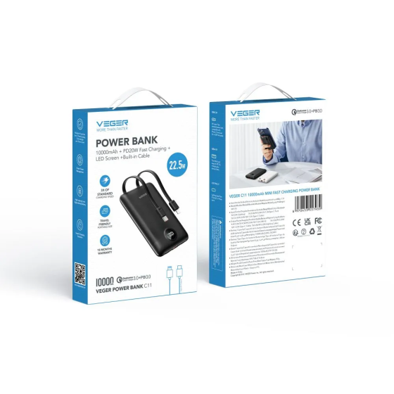 Павербанк 10000 mAh VEGER PD QC3.0 2A 22 5W C11 VG-W1170 быстрая зарядка встроенный кабель power bank повербанк Одесса