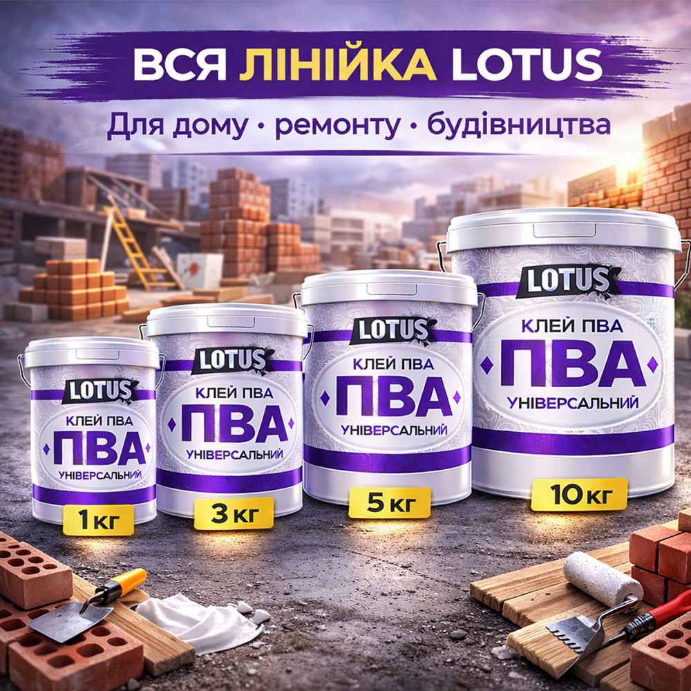 Клей ПВА універсальний LOTUS 5 кг — суперміцний будівельний клей для шпалер, дерева та цементних розчинів Харків - фото 5