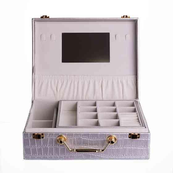 Скринька для прикрас з еко шкіри 19 відділень з дзеркалом 23.5×14×8 см Сірий HP-5-20G Коломыя